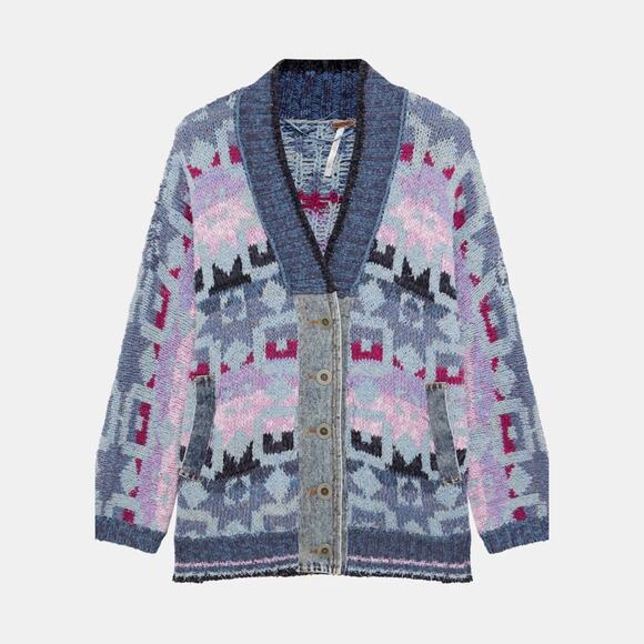 Free People Bluebell Oversize Knit Cardigan Sweater Blue Purple S NWT - Picture 2 of 11